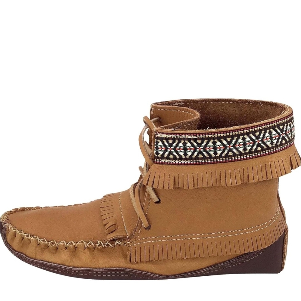 Laurentian Chief Canada Fringed Tan Leather Moccasin Boot with Southwestern Trim - Picture 3 of 6